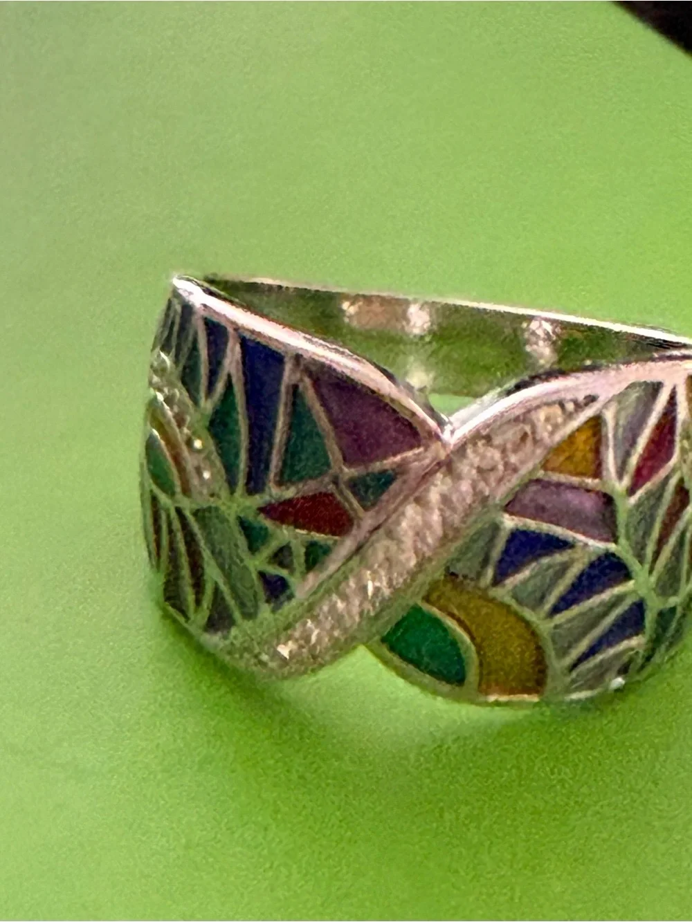 Sterling Silver Multicolor Enamel Mosaic Ring with CZ Accents - size 9 *NEW